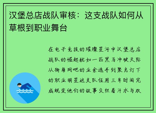 汉堡总店战队审核：这支战队如何从草根到职业舞台