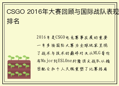CSGO 2016年大赛回顾与国际战队表现排名