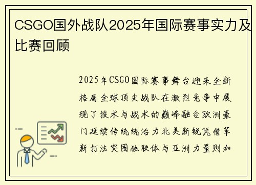 CSGO国外战队2025年国际赛事实力及比赛回顾